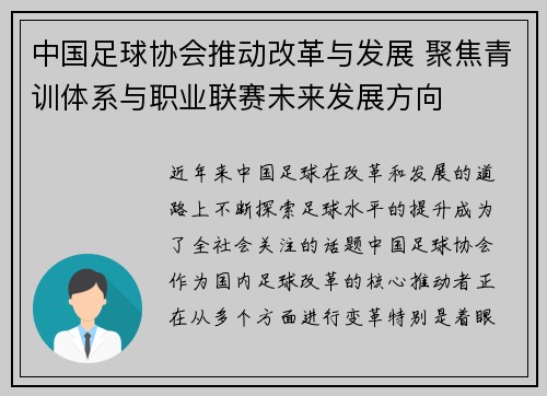 中国足球协会推动改革与发展 聚焦青训体系与职业联赛未来发展方向