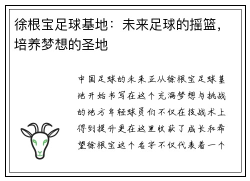 徐根宝足球基地：未来足球的摇篮，培养梦想的圣地