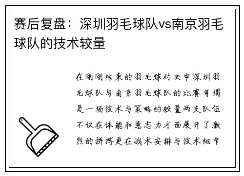 赛后复盘：深圳羽毛球队vs南京羽毛球队的技术较量