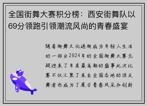 全国街舞大赛积分榜：西安街舞队以69分领跑引领潮流风尚的青春盛宴