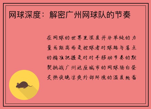 网球深度：解密广州网球队的节奏